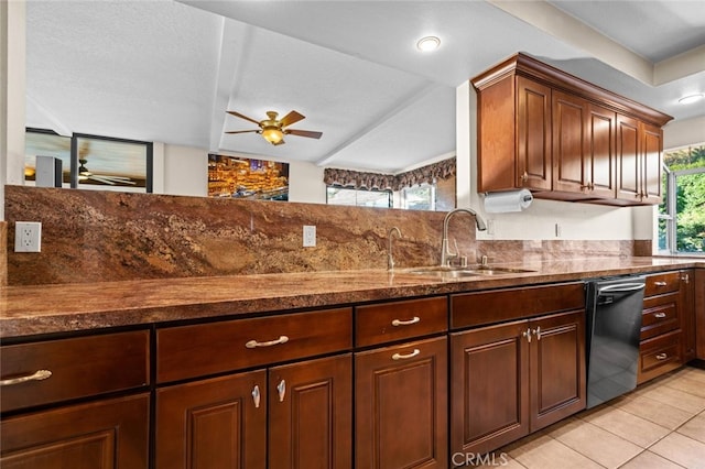 4187 Pepper Ave, Yorba Linda, CA 92886 - kitchen with dishwasher, light tile patterned flooring, a ceiling fan, and dark stone counters