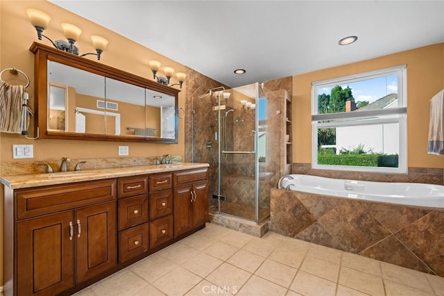 4187 Pepper Ave, Yorba Linda, CA 92886 - bathroom featuring a stall shower, a bath, double vanity, tile patterned flooring, and recessed lighting