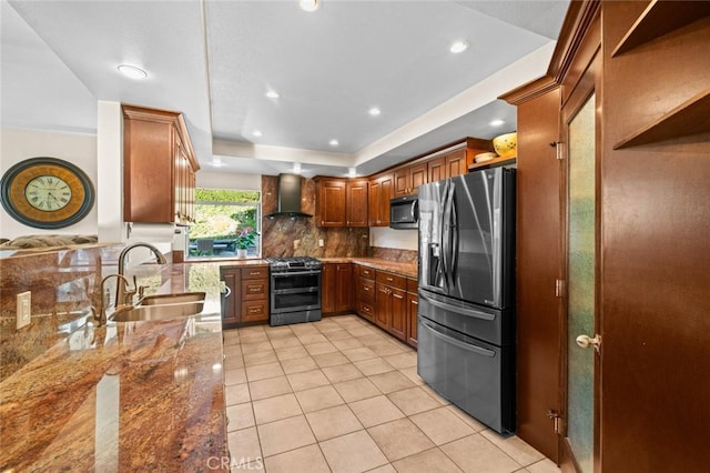 4187 Pepper Ave, Yorba Linda, CA 92886 - kitchen featuring stainless steel appliances, wall chimney exhaust hood, light tile patterned flooring, recessed lighting, and backsplash
