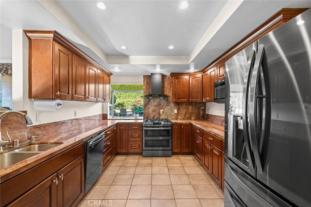 4187 Pepper Ave, Yorba Linda, CA 92886 - kitchen with black appliances, wall chimney exhaust hood, decorative backsplash, recessed lighting, and light tile patterned floors