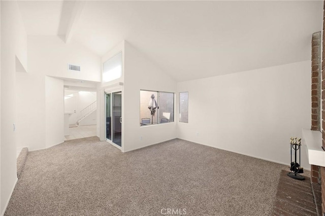 625 E Merion St, Ontario, CA 91761 - unfurnished living room featuring carpet flooring, high vaulted ceiling, and beam ceiling