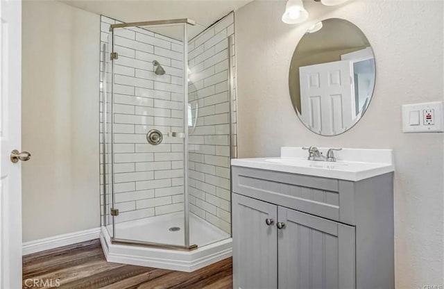 1835 Martin Luther King Blvd, Riverside, CA 92507 - full bath featuring a shower stall, vanity, wood finished floors, and baseboards