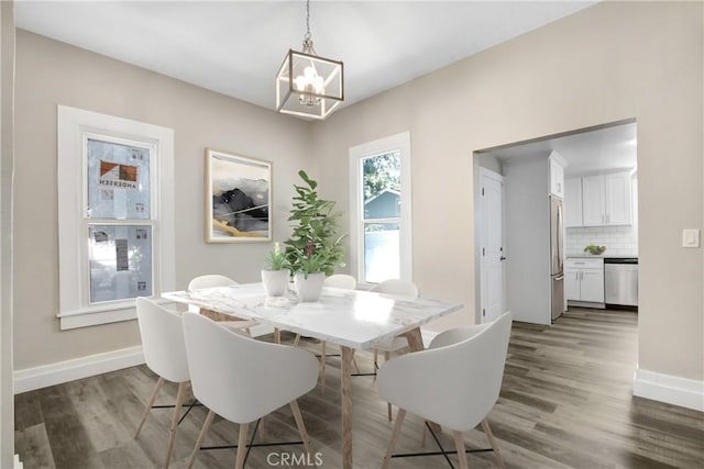 1835 Martin Luther King Blvd, Riverside, CA 92507 - dining area featuring a chandelier, wood finished floors, and baseboards