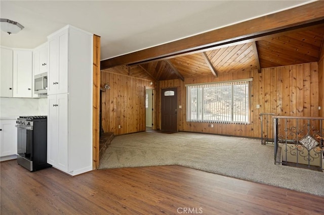 32296 Fern Dr, Running Springs, CA 92382 - unfurnished living room featuring wooden walls, dark wood-type flooring, and wood ceiling