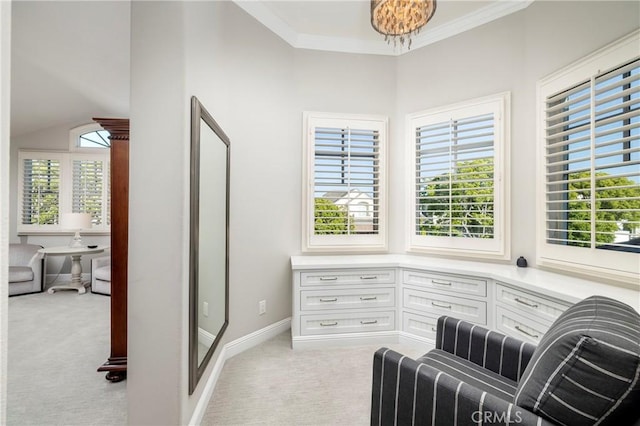 93 Old Course Dr, Newport Beach, CA 92660 - living area featuring light carpet, baseboards, crown molding, and vaulted ceiling