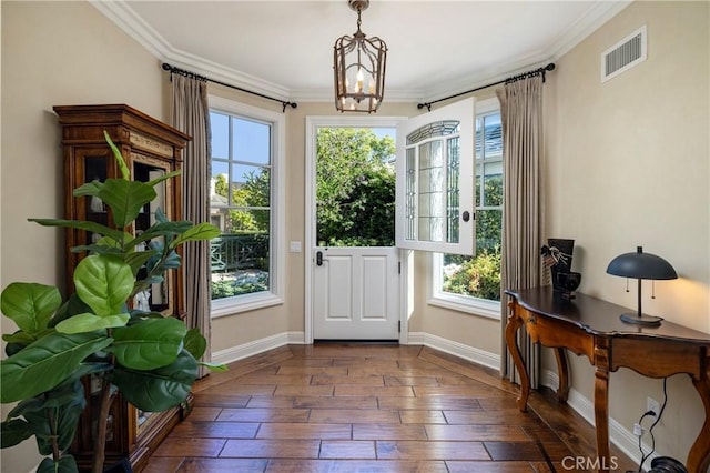 93 Old Course Dr, Newport Beach, CA 92660 - doorway with dark wood-style floors, baseboards, plenty of natural light, ornamental molding, and a chandelier