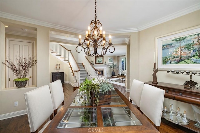 93 Old Course Dr, Newport Beach, CA 92660 - dining area with stairway, a chandelier, baseboards, wood finished floors, and crown molding