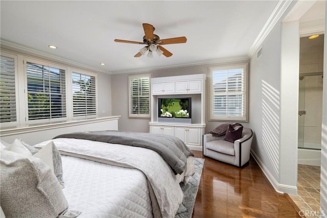 93 Old Course Dr, Newport Beach, CA 92660 - bedroom with crown molding, baseboards, wood finished floors, a ceiling fan, and recessed lighting