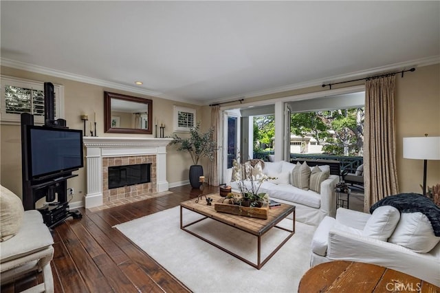 93 Old Course Dr, Newport Beach, CA 92660 - living room featuring crown molding, dark wood-type flooring, baseboards, and a tiled fireplace