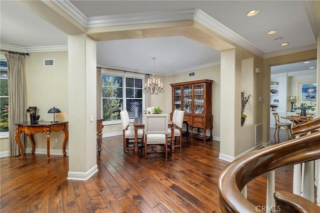 93 Old Course Dr, Newport Beach, CA 92660 - dining space featuring dark wood finished floors, baseboards, a chandelier, ornamental molding, and recessed lighting