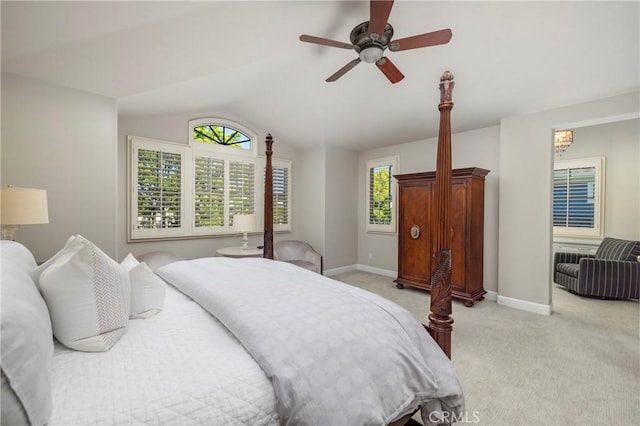 93 Old Course Dr, Newport Beach, CA 92660 - bedroom with light colored carpet, vaulted ceiling, baseboards, and ceiling fan