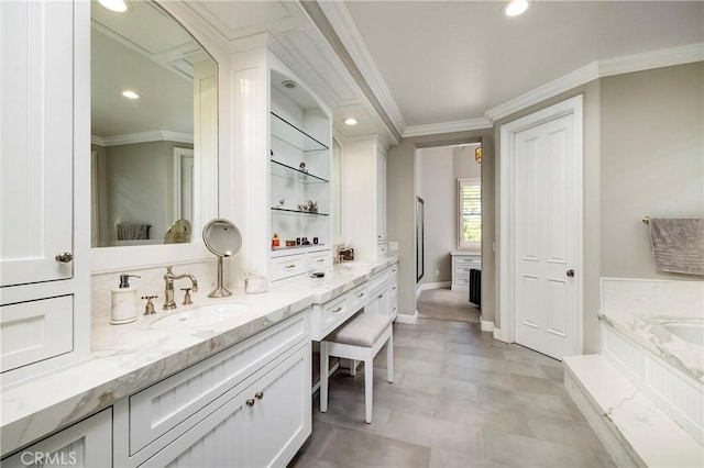 93 Old Course Dr, Newport Beach, CA 92660 - full bath featuring vanity, ornamental molding, a bath, baseboards, and recessed lighting