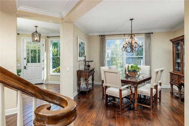 93 Old Course Dr, Newport Beach, CA 92660 - dining space with a chandelier, healthy amount of natural light, dark wood-style flooring, baseboards, and crown molding