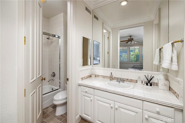 93 Old Course Dr, Newport Beach, CA 92660 - ensuite bathroom featuring vanity, toilet, shower / bath combination, tasteful backsplash, and a ceiling fan