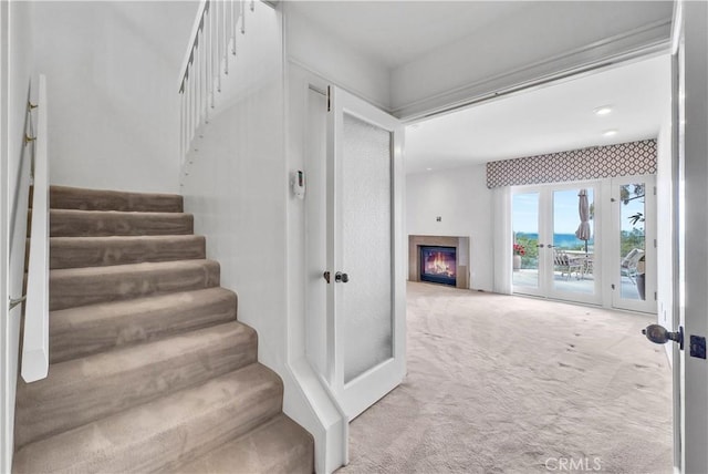 537 Dunnegan Pl, Laguna Beach, CA 92651 - stairs featuring carpet floors, a glass covered fireplace, french doors, and a water view