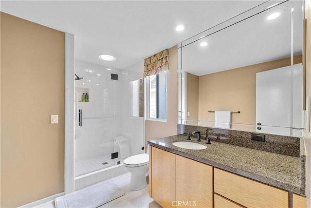 537 Dunnegan Pl, Laguna Beach, CA 92651 - bathroom with a shower stall, vanity, recessed lighting, and tile patterned floors