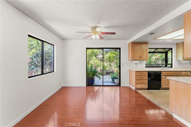 1234 Via Palermo, Redlands, CA 92374 - kitchen with dishwasher, light wood finished floors, light countertops, a textured ceiling, and healthy amount of natural light