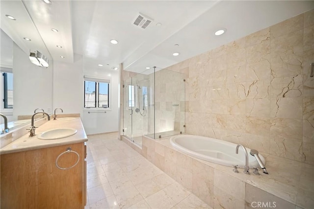 132 S Crescent Dr Unit 202, Beverly Hills, CA 90212 - bathroom with a bath, a shower stall, double vanity, and recessed lighting