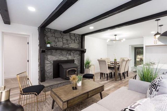 12049 Coping Pl, Lakeside, CA 92040 - living room with beamed ceiling, light wood-style floors, baseboards, a chandelier, and recessed lighting