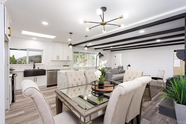 12049 Coping Pl, Lakeside, CA 92040 - dining space featuring light wood finished floors, a chandelier, recessed lighting, and beamed ceiling