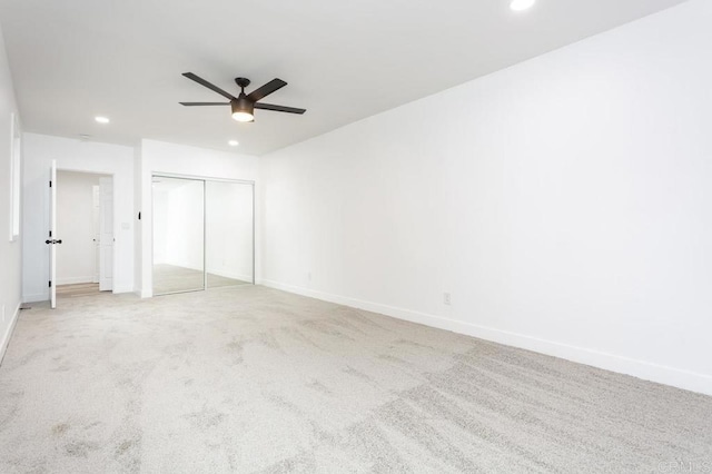 12049 Coping Pl, Lakeside, CA 92040 - unfurnished bedroom with recessed lighting, light colored carpet, baseboards, a closet, and a ceiling fan