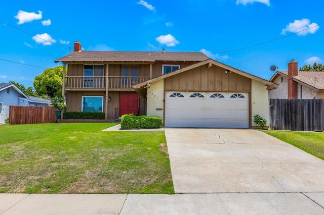 6243 Lake Lomond Dr, San Diego, CA 92119 - view of front property featuring an attached garage, concrete driveway, a chimney, a balcony, and board and batten siding