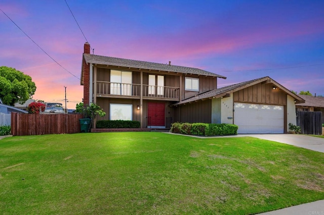 6243 Lake Lomond Dr, San Diego, CA 92119 - view of property with a chimney, a garage, a balcony, driveway, and board and batten siding