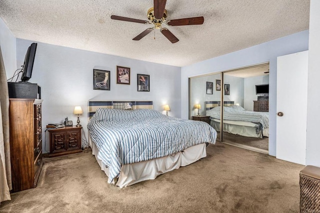6243 Lake Lomond Dr, San Diego, CA 92119 - carpeted bedroom featuring a closet, a textured ceiling, and a ceiling fan