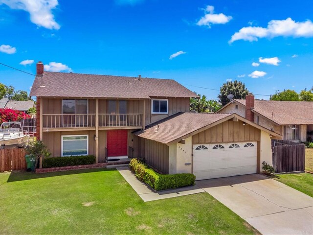 6243 Lake Lomond Dr, San Diego, CA 92119 - view of front of property featuring a garage, a chimney, concrete driveway, and a shingled roof
