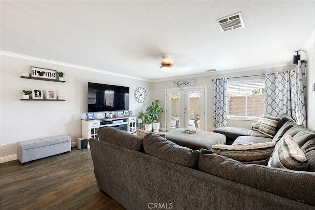 13009 Cerritos Ct, Hesperia, CA 92344 - living area with crown molding, dark wood finished floors, french doors, and baseboards