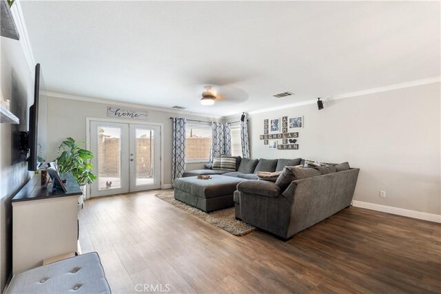 13009 Cerritos Ct, Hesperia, CA 92344 - living area with crown molding, wood finished floors, baseboards, french doors, and a ceiling fan
