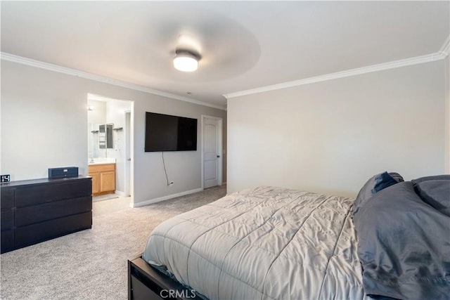 13009 Cerritos Ct, Hesperia, CA 92344 - bedroom with ornamental molding, light carpet, baseboards, ensuite bathroom, and a ceiling fan