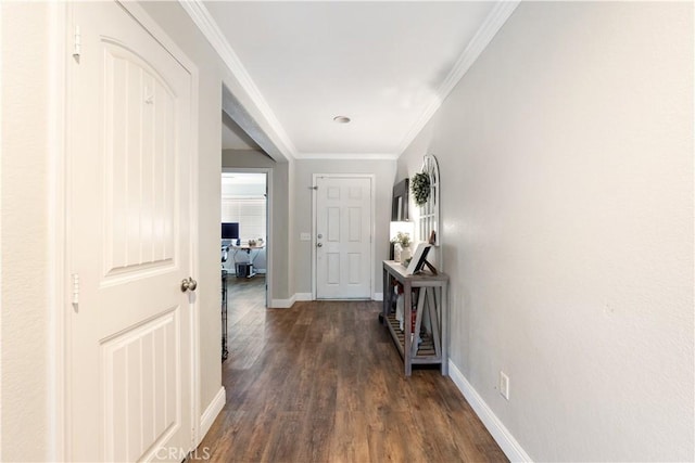 13009 Cerritos Ct, Hesperia, CA 92344 - hall with dark wood-type flooring, baseboards, and ornamental molding