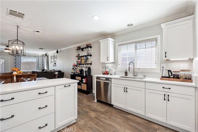 13009 Cerritos Ct, Hesperia, CA 92344 - kitchen with a sink, stainless steel dishwasher, a chandelier, crown molding, and light countertops