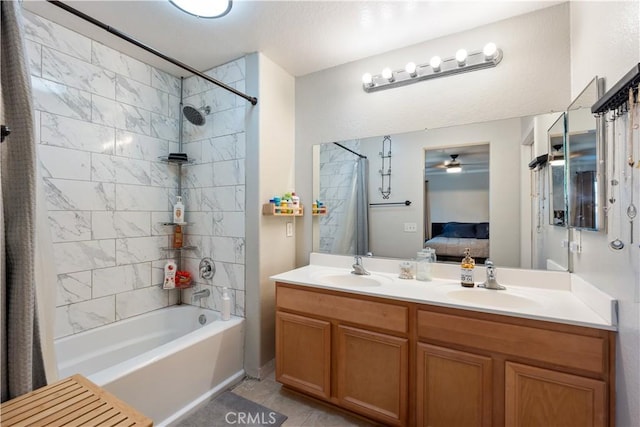 13009 Cerritos Ct, Hesperia, CA 92344 - ensuite bathroom featuring shower / bath combo with shower curtain, double vanity, ceiling fan, tile patterned flooring, and radiator heating unit