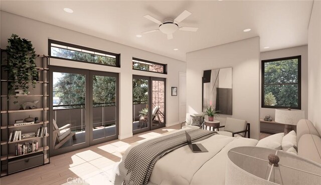581 Higuera St Unit 208, San Luis Obispo, CA 93401 - bedroom featuring access to exterior, wood finished floors, recessed lighting, and a ceiling fan