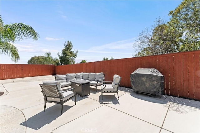 8798 Crest View Dr, Corona, CA 92883 - fenced backyard with a patio, an outdoor living space with a fire pit, and area for grilling