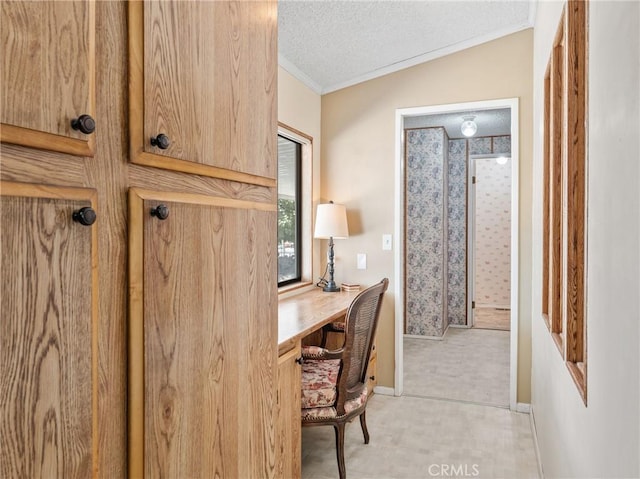8307 Arrowhead Lake Rd, Hesperia, CA 92345 - home office featuring crown molding, a textured ceiling, baseboards, and light colored carpet