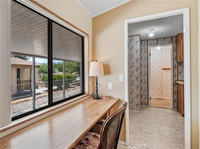 8307 Arrowhead Lake Rd, Hesperia, CA 92345 - office with a textured ceiling, crown molding, baseboards, and wallpapered walls