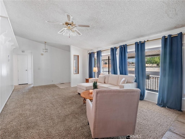8307 Arrowhead Lake Rd, Hesperia, CA 92345 - living area featuring light carpet, ceiling fan, a textured ceiling, and vaulted ceiling