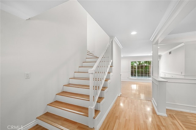1683 Camberwell Pl, Westlake Village, CA 91361 - staircase with wood finished floors, crown molding, recessed lighting, and baseboards