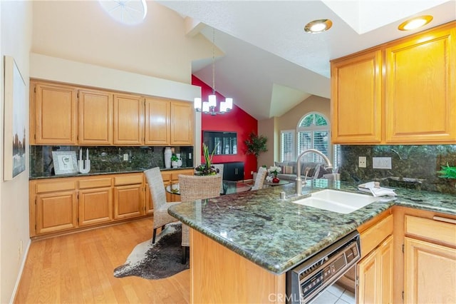 1049 Fairview Ave Unit 5, Arcadia, CA 91007 - kitchen with black dishwasher, a sink, lofted ceiling, a peninsula, and backsplash