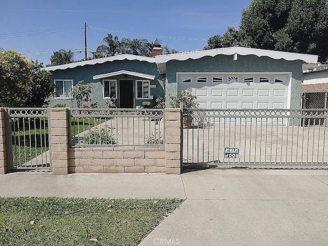 13914 Prichard St, La Puente, CA 91746 - view of front facade featuring a fenced front yard, an attached garage, stucco siding, concrete driveway, and a chimney