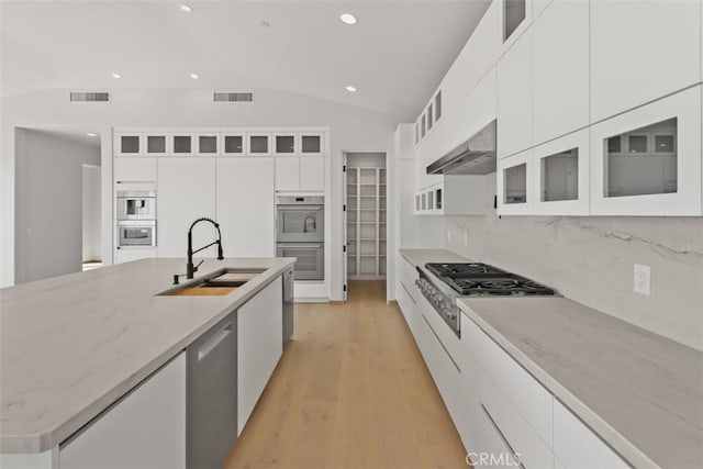 31 N Vista De Catalina, Laguna Beach, CA 92651 - kitchen with a sink, stainless steel appliances, vaulted ceiling, light wood finished floors, and light stone countertops