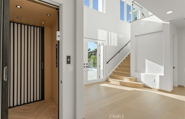 31 N Vista De Catalina, Laguna Beach, CA 92651 - foyer entrance featuring elevator, a towering ceiling, stairway, and recessed lighting