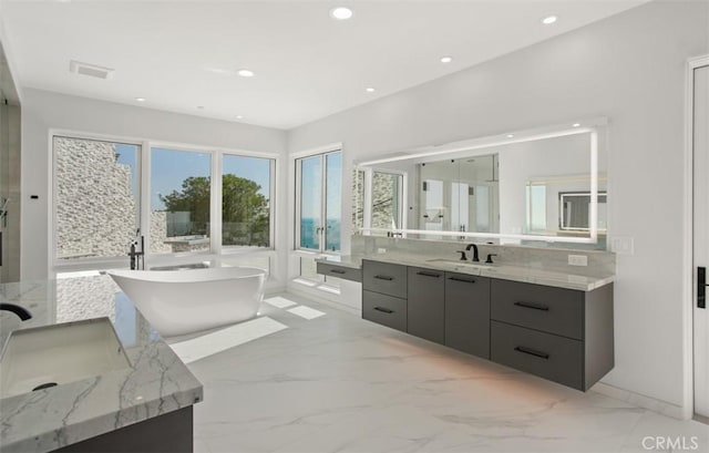 31 N Vista De Catalina, Laguna Beach, CA 92651 - full bathroom featuring vanity, a soaking tub, recessed lighting, marble tiled floors, and a stall shower