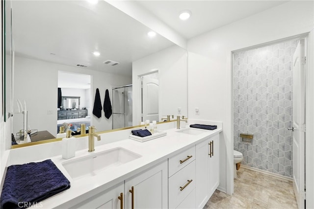 1782 Park Place Ln, Riverside, CA 92501 - bathroom with double vanity, a shower with shower door, connected bathroom, and recessed lighting