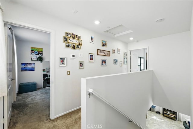 1782 Park Place Ln, Riverside, CA 92501 - hall featuring an upstairs landing, carpet flooring, recessed lighting, attic access, and baseboards