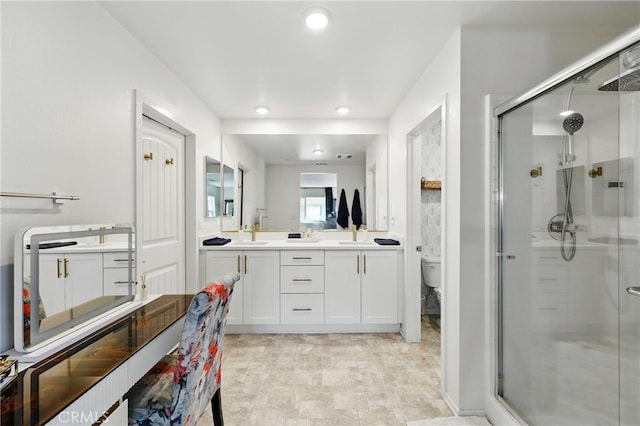 1782 Park Place Ln, Riverside, CA 92501 - full bathroom with double vanity, toilet, a stall shower, and recessed lighting