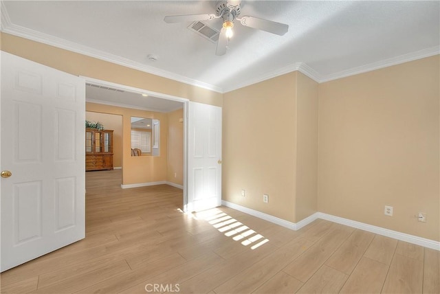 12415 Brianwood Dr, Riverside, CA 92503 - empty room featuring baseboards, ceiling fan, ornamental molding, and light wood finished floors